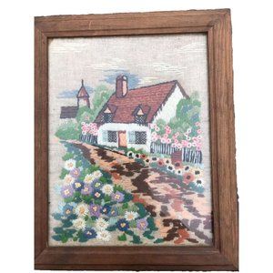 Vtg Framed Crewel Embroidery Yarn Art Picture English Cottage Garden MCM 13x16